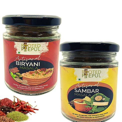 Rooted Peepul Artisanal Biryani Masala & Artisanal Sambar Masala Combo 75g